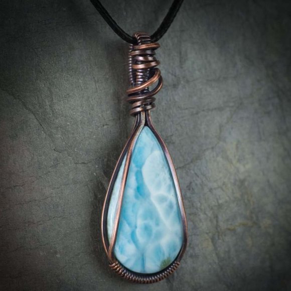 Larimar Large Teardrop Wire Wrapped Pendant - Picture 2 of 2